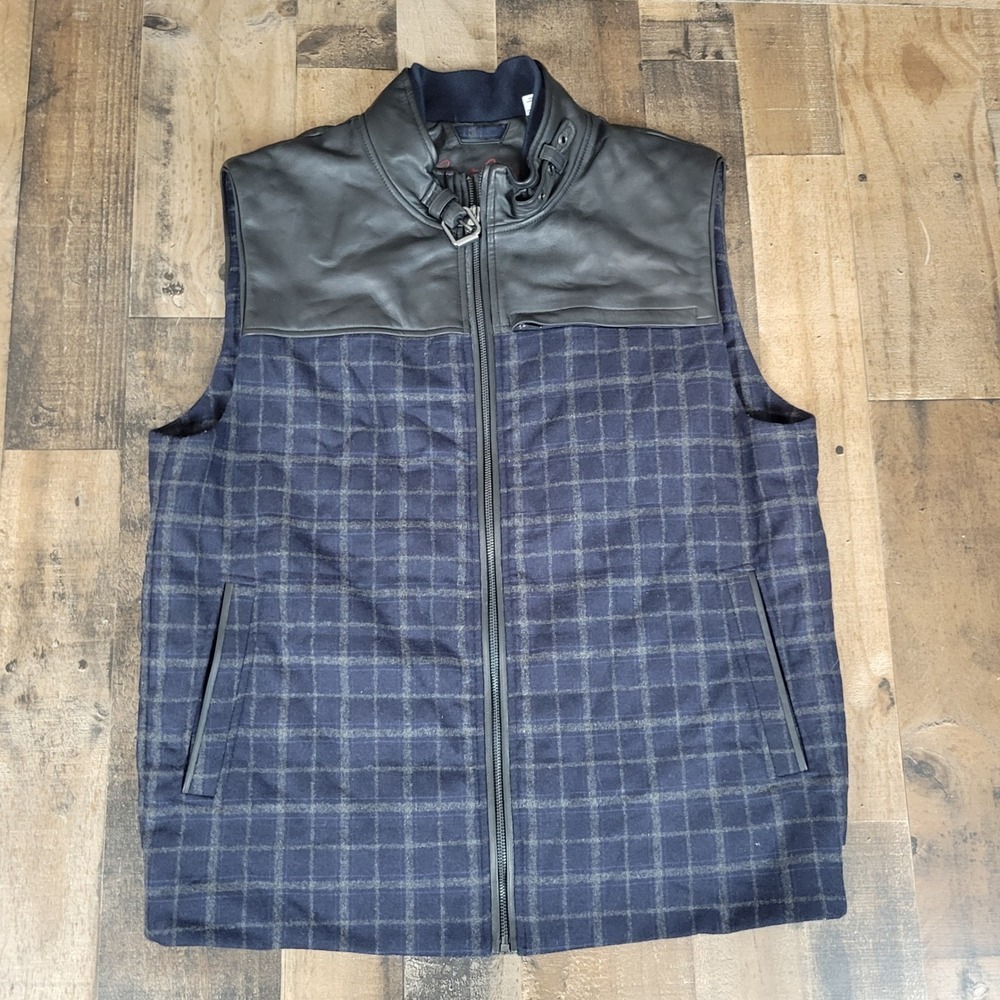 Robert Graham Men Large Vest Black Leather Navy Blue Wool Blend Plaid Full Zip